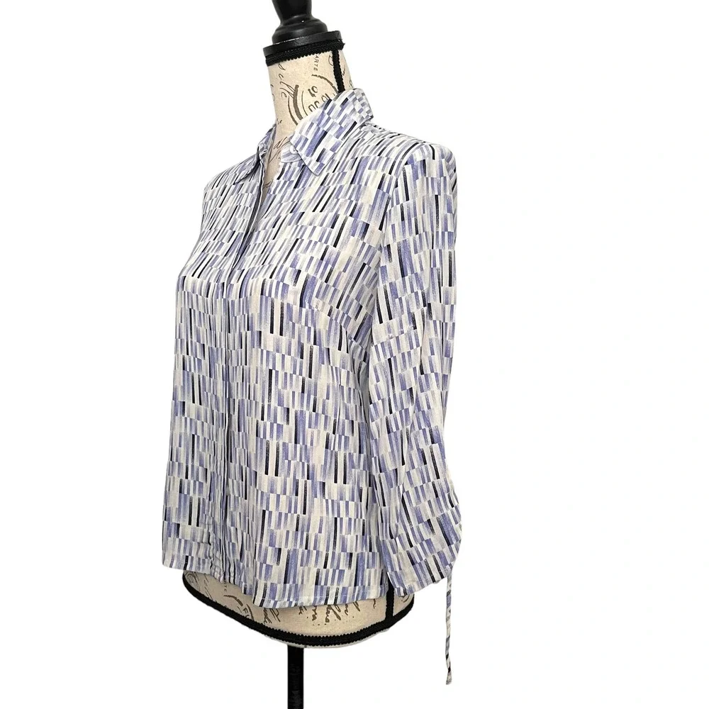Gianni Blouse Womens 6 Blue Geometric 3/4 Cinched Sleeve 90s Art to‎ Wear USA